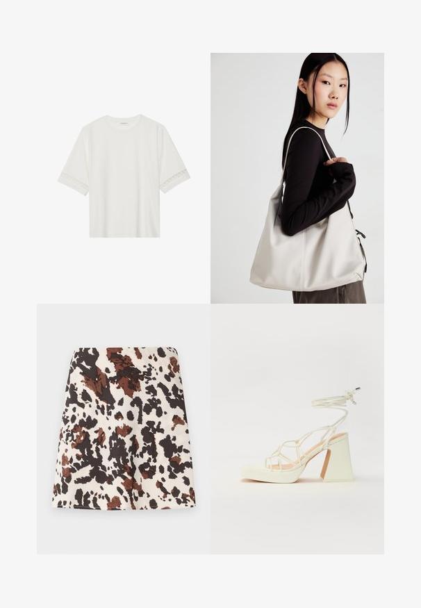 T-shirt branco de manga curta feito de algodão, com bainha de renda decorativa nas mangas e decote redondo.; Mini saia com padrão de mancha de vaca nas cores creme, castanho e preto. Feita em tecido macio; apresenta um design reto, ajustado e ligeira elasticidade.; Sandálias brancas de salto alto com um salto robusto, apresentando um design com tiras e amarração no tornozelo. Textura suave com uma plataforma na frente para altura adicional.; Uma bolsa bege feita de material macio, com um design descontraído, detalhes de costura e duas alças para o ombro. Adequada para uso diário.