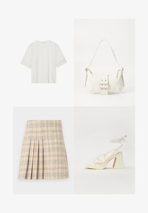 Fehér, rövid ujjas póló, pamutból készült, díszes csipkés szegéllyel az ujjak mentén és kerek nyakkivágással.; Beige színű, kék és barna csíkozású plissézett kockás szoknya, amely szabott derékkal és struktúrált megjelenéssel rendelkező textúrált anyaggal rendelkezik.; Fehér, magassarkú szandál vastag sarokkal, pántos dizájnnal és bokapánttal. Sima textúra, elülső platformmal a megnövelt magasság érdekében.; Fehér válltáska texturált felülettel, középen csattogó részlettel és íves formával. Cipzáras záródás mindkét oldalon.