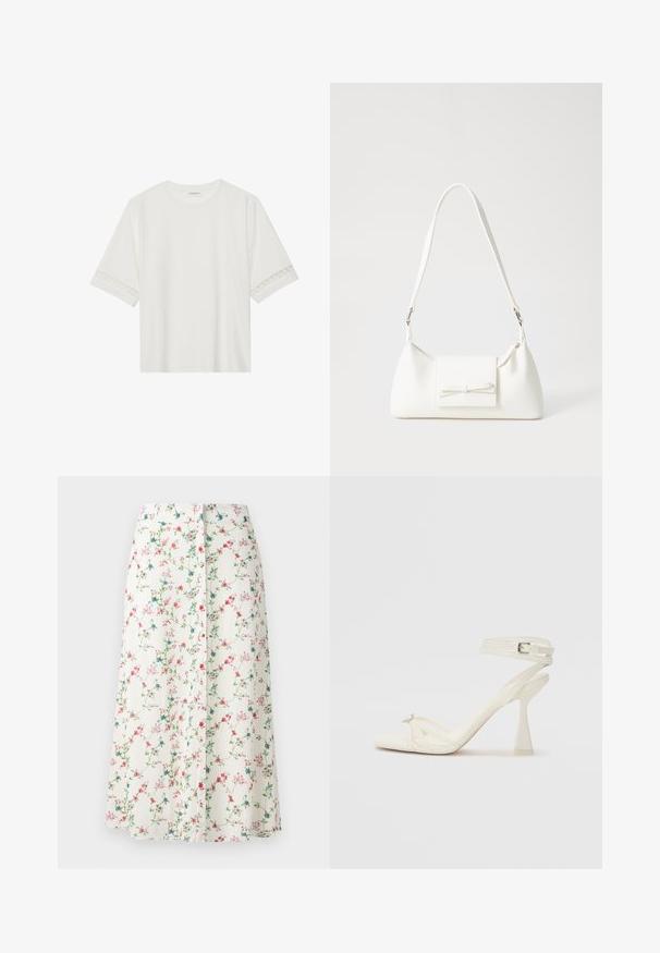 Bela kratka majica s kratkimi rokavi iz bombaža, okrašena z dekorativnim čipkastim robom ob rokavih in okroglo izrezom.; Cvečni midi krilo iz belega blaga, s pink, modrimi in zelenimi rožami, z gumbnimi detajli po sprednji strani in ravno silhueto.; Sandal z visoko peto z naramnicami v beli usnjeni izvedbi s popolnim dizajnom, prozorno blok peto in dekorativnim elementom na prstih.; Bela sintetična torbica v obliki trikotnika, z ravnim sprednjim poklopcem in detajlom mašne, nastavljivim trakom, gladko teksturo in minimalističnim dizajnom.