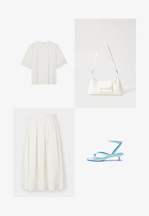 Valge lühikese varrukaga T-särk, mis on valmistatud puuvillast, kaunistatud pitsiga varrukate ääres ja ümmarguse kaelusega.; Valge volditud seelik, mis on valmistatud puuvillast, omab keskmise pikkusega disaini, sujuvat vööd ja A-lõike siluetti.; Heledad sinised rihmaga jalatsid, millel on ruudukujuline varvas, madal konts, reguleeritav pahkluu rihm ja sile, läikiv viimistlus. Risti rihmad jalatsipadjal.; Valge sünteetilisest materjalist kott kolmnurkse kujuga, lame esiklapiga ja kaaredetailiga, reguleeritava rihmaga, sileda tekstuuriga ja minimalistliku disainiga.