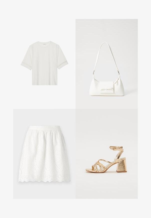 Balta trumpomis rankovėmis marškinėliai, pagaminti iš medvilnės, su dekoratyviais nėriniais aplink rankoves ir apvaliu kaklu.; Balta nėriniais pasiūta sijonas su banguotu apvadu. Turi surinkta juosmenį ir sudėtingus perforuotus raštus per visą audinį.; Auksinės metalinės kulniuko šlepetės su juostelėmis, kvadratiniu blokiniu kulnu ir reguliuojamu kulkšnies dirželiu su sagtimi. Lygi tekstūra.; Balta sintetinė rankinė trikampio formos, plokščiu priekiu su užsegimu, kaspino detale, reguliuojama dirželiu, lygia tekstūra ir minimalistišku dizainu.