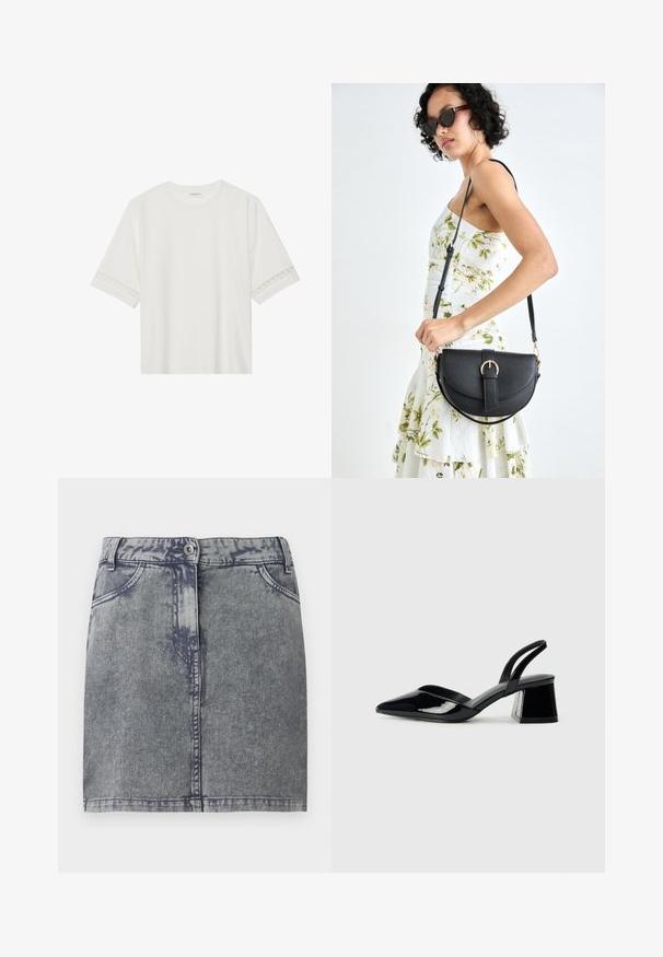 T-shirt branco de manga curta feito de algodão, com bainha de renda decorativa nas mangas e decote redondo.; Saia mini de denim em cinza com um efeito desbotado, apresentando bolsos frontais, fecho de botão e uma bainha reta. Tecido texturizado.; Sandy em verniz preto com salto slingback, ponta afilada e salto geométrico. Apresenta um design elegante e minimalista com textura suave.; Bolsa de couro preta com forma curva, alça destacável e detalhes em dourado. A bolsa possui uma aba com detalhe de fivela.