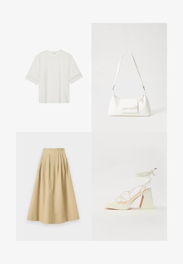 White short-sleeve t-shirt made from cotton, featuring decorative lace trim along the sleeves and a round neckline.; Beige, knee-length skirt with pleats, made of lightweight fabric. Features a fitted waistband and a smooth texture throughout.; White high-heeled sandal with a chunky heel, featuring a strappy design and ankle tie. Smooth texture with a platform front for added height.; White synthetic handbag with a triangular shape, flat front flap and bow detail, adjustable strap, smooth texture, and minimalistic design.