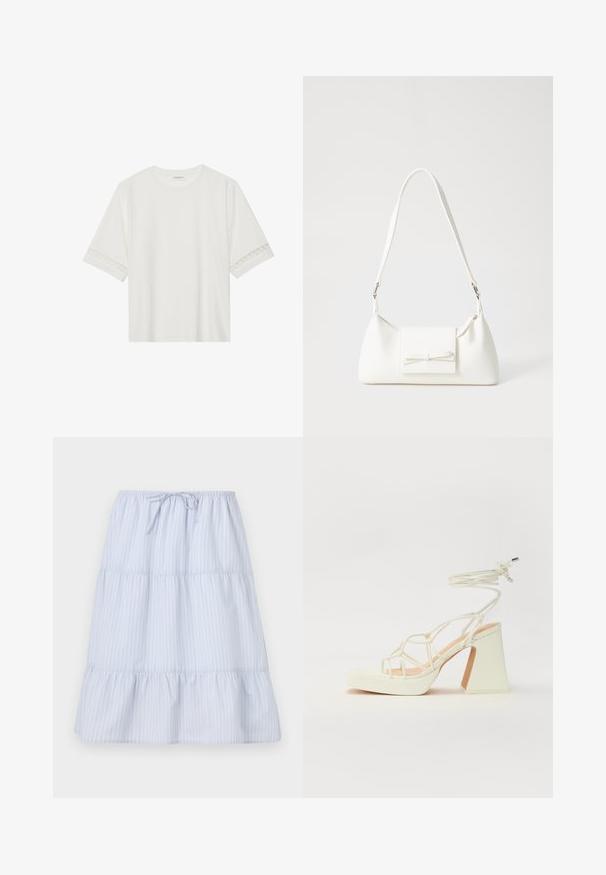 Camiseta blanca de manga corta hecha de algodón, con un ribete decorativo de encaje en las mangas y un escote redondo.; Falda de capas azul claro con rayas verticales blancas, cinturilla elástica con lazo, tejido suave y dobladillo con volantes.; Sandalia de tacón alto blanca con un tacón grueso, que presenta un diseño de tiras y un lazo en el tobillo. Textura suave con una plataforma en la parte delantera para mayor altura.; Bolso sintético blanco con forma triangular, tapa frontal plana y detalle de lazo, correa ajustable, textura suave y diseño minimalista.