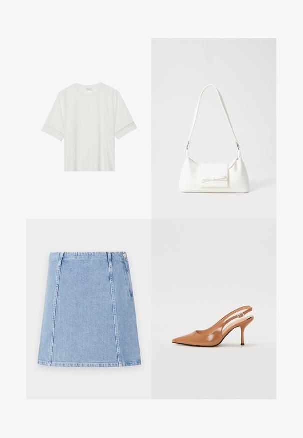Valge lühikese varrukaga T-särk, mis on valmistatud puuvillast, kaunistatud pitsiga varrukate ääres ja ümmarguse kaelusega.; Hele sinine denim seelik sirge lõikega, nähtavad õmblustead, ning küljetasku. Materjal on tekstuurne ja pehme viimistlusega.; Küüntega slingback konts, mis on valmistatud siledast ja läikivast tan värvi materjalist. Omab kaarjat lõigatud disaini ja õhukest stiletto kontsa. Hõbedane pandla detail.; Valge sünteetilisest materjalist kott kolmnurkse kujuga, lame esiklapiga ja kaaredetailiga, reguleeritava rihmaga, sileda tekstuuriga ja minimalistliku disainiga.