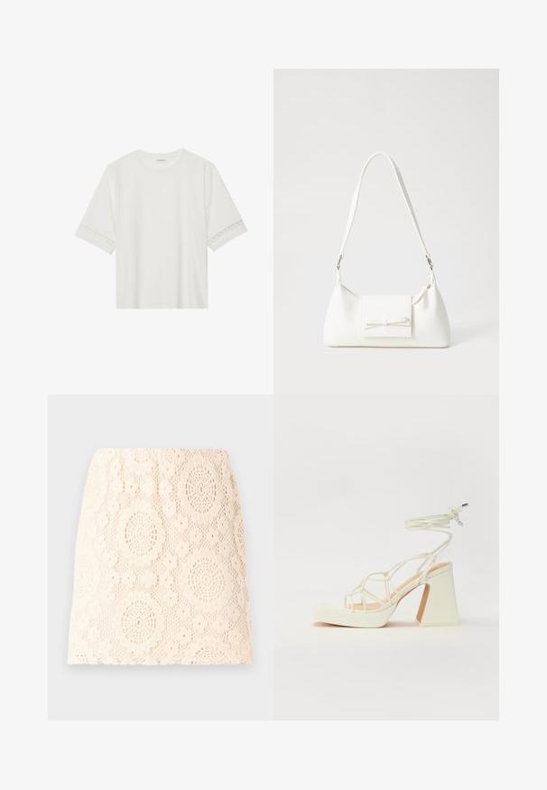 Bjela majica kratkih rukava od pamuka, s dekorativnom čipkastom obrubom duž rukava i okruglim izrezom.; Čipkastu suknju u krem boji s cvjetnim uzorkom. Sadrži složene ovalne izreze i uski kroj. Teksturirana tkanina dodaje delikatan izgled.; Bijela sandala na visokoj potpetici s debelim petom, s remenom i vezanjem oko gležnja. Glatka tekstura s platformom sprijeda za dodatnu visinu.; Bijela sintetička torbica s trokutastim oblikom, ravnim prednjim poklopcem i detaljem u obliku mašne, podesivom remenom, glatkom teksturom i minimalističkim dizajnom.
