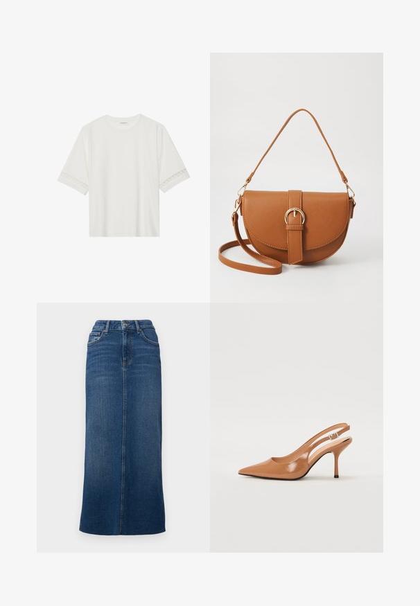 T-shirt branco de manga curta feito de algodão, com bainha de renda decorativa nas mangas e decote redondo.; Saia midi de denim em azul escuro, com corte reto, cintura com passadores para cinto e uma fenda central nas costas para facilitar o movimento.; Sandal com bico fino e tacão slingback em um material liso e brilhante na cor tan. Apresenta um design de recorte curvo e um tacão alto e esbelto. Detalhe de fivela prateada.; Bolsa transversal de couro castanho com um formato curvado, ferragens douradas e um detalhe de fivela. Inclui uma alça de ombro destacável.