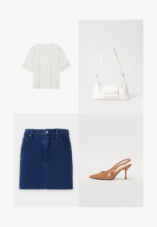 White short-sleeve t-shirt made from cotton, featuring decorative lace trim along the sleeves and a round neckline.; Denim skirt in deep blue with a fitted design, front button closure, and two side pockets. Features visible stitching and a straight hem.; Pointed toe slingback heel in a smooth, glossy tan material. Features a curved cutout design and a slender stiletto heel. Silver buckle detail.; White synthetic handbag with a triangular shape, flat front flap and bow detail, adjustable strap, smooth texture, and minimalistic design.