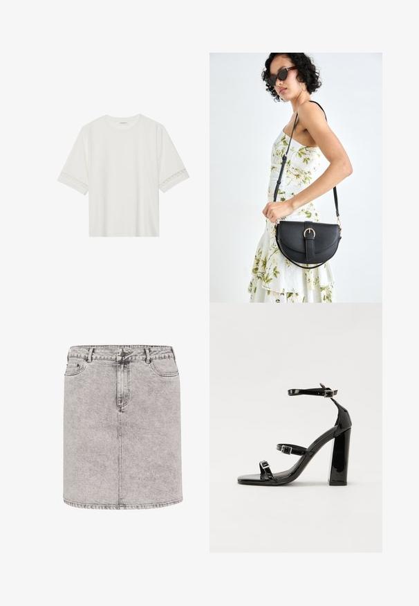 Valkoinen lyhythihainen t-paita, joka on valmistettu puuvillasta ja jossa on koristeellinen pitsireunus hihojen ympärillä sekä pyöreä pääntie.; Harmaa farkkuhame, jossa on kynätyyppinen malli, etutaskut ja näkyvät ompeluyksityiskohdat. Materiaali on hieman teksturoitu.; Musta kiiltävä korkokenkä sandaalit neliönmuotoisella varpaalla, nilkkaremmillä ja hopeisilla soljilla. Varustettu tukevalla lohkokorkealla vakauden takaamiseksi.; Musta nahkainen käsilaukku, joka on kaareva muotoilultaan, irrotettavalla hihnalla ja kultaisilla yksityiskohdilla. Laukussa on läppä, jossa on solk yksityiskohta.