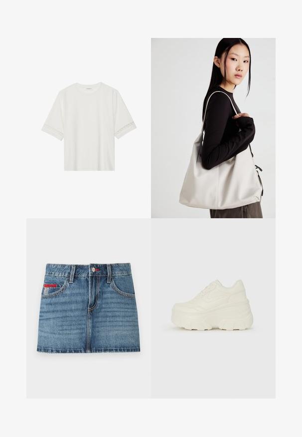 Bela kratka majica s kratkimi rokavi iz bombaža, okrašena z dekorativnim čipkastim robom ob rokavih in okroglo izrezom.; Denim mini krilo v srednje modri barvi z zbledelim videzom, pet žepov in rdečimi šivi. Ima gumb zapiranje in zanke za pas.; Bele platformske tene z belim zgornjim delom, ki spominja na usnje, okroglo obliko, oblazinjen ovratnik ter gumo z teksturo na podplatu z izrazitimi profili.; Bežna torbica iz mehkega materiala, z ohlapno zasnovo, šivi in dvema naramnicama. Primerna za vsakodnevno uporabo.