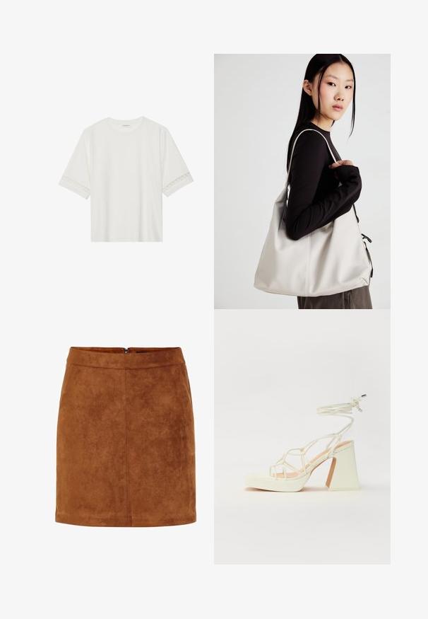 Balta trumpomis rankovėmis marškinėliai, pagaminti iš medvilnės, su dekoratyviais nėriniais aplink rankoves ir apvaliu kaklu.; Ruda sukurta mini sijonas su lygiu paviršiumi, tiesiu siluetu ir diskretišku užpakaliniu užtrauktuku. Pasižymi siūlių detalėmis, suteikiančiomis struktūrą.; Balti aukštakulniai sandalai su masyviu kulnu, su dirželių dizainu ir kulkšnies raiščiu. Lygi tekstūra su platforma priekyje, suteikianti papildomą aukštį.; Bežinė rankinė, pagaminta iš minkštos medžiagos, turinti laisvą dizainą, siuvinėtas detalės ir dvi petnešos. Tinkama kasdieniam naudojimui.