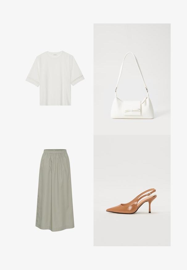 White short-sleeve t-shirt made from cotton, featuring decorative lace trim along the sleeves and a round neckline.; Light green, knee-length skirt made of soft fabric with an elastic waistband, featuring a gathered design and discreet stitching details.; Pointed toe slingback heel in a smooth, glossy tan material. Features a curved cutout design and a slender stiletto heel. Silver buckle detail.; White synthetic handbag with a triangular shape, flat front flap and bow detail, adjustable strap, smooth texture, and minimalistic design.