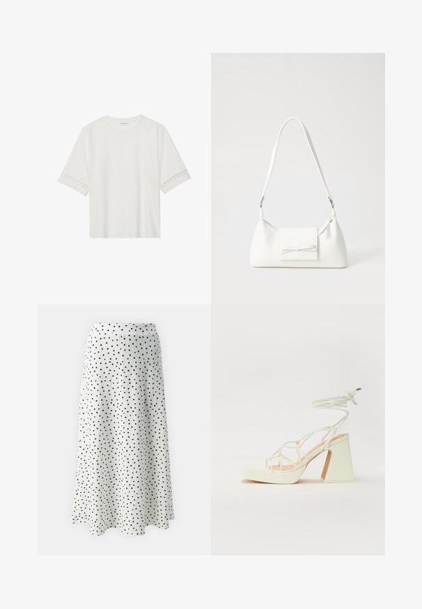 Valge lühikese varrukaga T-särk, mis on valmistatud puuvillast, kaunistatud pitsiga varrukate ääres ja ümmarguse kaelusega.; Valge midiseelik mustade täppidega, millel on tekstureeritud kangas ja laienev siluett, lõpetatud õrna taljeelgiga.; Valged kõrge kontsaga sandaalid, millel on paks konts ja rihmadega disain koos pahkluu sidumisega. Sile tekstuur ja platvorm ees, et lisada kõrgust.; Valge sünteetilisest materjalist kott kolmnurkse kujuga, lame esiklapiga ja kaaredetailiga, reguleeritava rihmaga, sileda tekstuuriga ja minimalistliku disainiga.