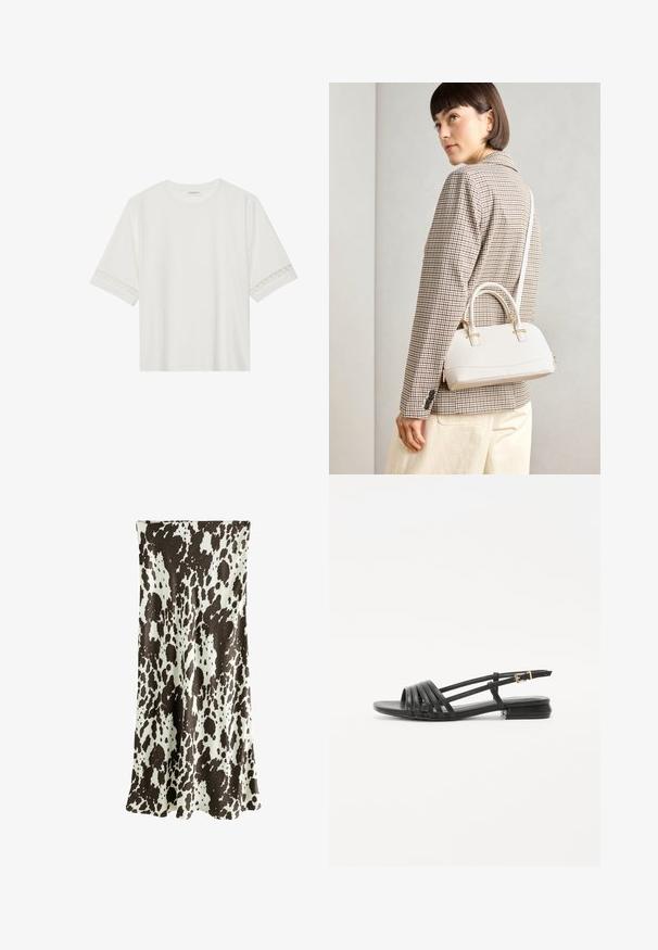 Tricou alb cu mânecă scurtă, confecționat din bumbac, cu dantelă decorativă pe marginea mânecilor și un guler rotund.; Fustă lungă dintr-un material neted, cu un model de imprimeu cu vaci maro și alb, având un design fluid și o margine ușor evazată.; Sandale negre plate cu un design cu curele, având mai multe curele din piele și o cataramă subțire pentru gleznă. Talpa este plată și rectangulară.; Geantă structurată albă, cu mânere scurte și curea de umăr, având accente din metal aurit și material texturat, expusă pe un fundal gri.
