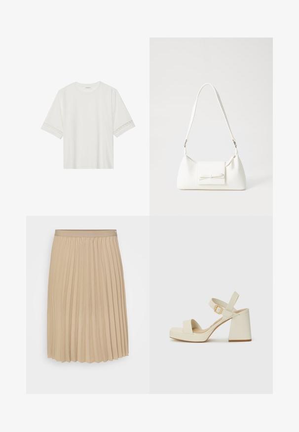 Bjela majica kratkih rukava od pamuka, s dekorativnom čipkastom obrubom duž rukava i okruglim izrezom.; Bež suknja s plisama i ravnim pojasom. Tkanina je glatka, s vertikalnim naborima i rubom s valovitim obrubom. Elegantna i jednostavna dizajn.; Bež sandale s visokom petom i širokom platformom. Imaju remen s kopčom oko gležnja i glatku teksturu.; Bijela sintetička torbica s trokutastim oblikom, ravnim prednjim poklopcem i detaljem u obliku mašne, podesivom remenom, glatkom teksturom i minimalističkim dizajnom.