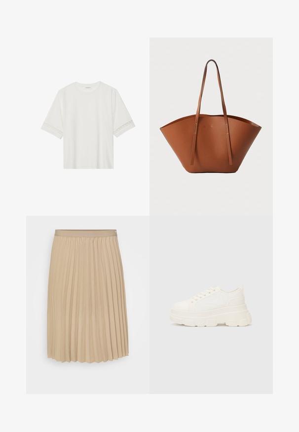 T-shirt blanc à manches courtes en coton, avec des bordures en dentelle décoratives le long des manches et un col rond.; Jupe plissée beige avec une taille plate. Le tissu est lisse, avec des plis verticaux et un ourlet à bord festonné. Design élégant et simple.; Baskets blanches en toile avec une semelle épaisse, bout arrondi et cinq œillets pour les lacets. Onglet arrière pour un enfilage facile. Texture lisse, design minimaliste.; Sac fourre-tout en cuir marron avec une forme large et structurée, des poignées fines et une finition texturée. Présente un design minimaliste sans matériel visible.