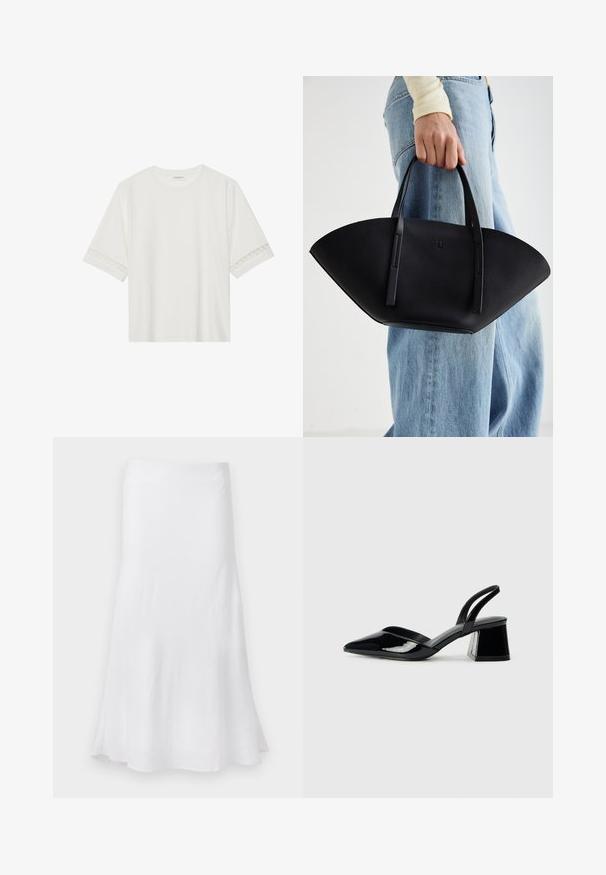 Biele tričko s krátkym rukávom vyrobené z bavlny, s dekoratívnym čipkovým lemovaním pozdĺž rukávov a okrúhlym výstrihom.; Biela sukňa s voľným A-línie strihom, vyrobená z ľahkej látky. Hladká textúra, dĺžka po kolená, s jednoduchým dizajnom bez vzorov.; Čierne lakované kožené sandálové podpätky s špicatou špičkou a geometrickým blokovým podpätkom. Disponujú elegantným, minimalistickým dizajnom a hladkým povrchom.; Čierna kožená kabelka s jedinečným tvarom ventilátora, so plochými držadlami. Povrch má štruktúru s brúseným efektom a minimalistic design.