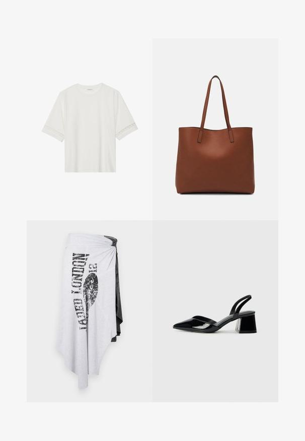 Biele tričko s krátkym rukávom vyrobené z bavlny, s dekoratívnym čipkovým lemovaním pozdĺž rukávov a okrúhlym výstrihom.; Jaded London WRAP SKIRT - Zavinovacia sukňa - multi coloured; Čierne lakované kožené sandálové podpätky s špicatou špičkou a geometrickým blokovým podpätkom. Disponujú elegantným, minimalistickým dizajnom a hladkým povrchom.; Hnedá kožená taška na rameno s hladkou textúrou, otvoreným vrchom a dvoma ramenými popruhmi. Má minimálne šitia a žiadne viditeľné kovania.