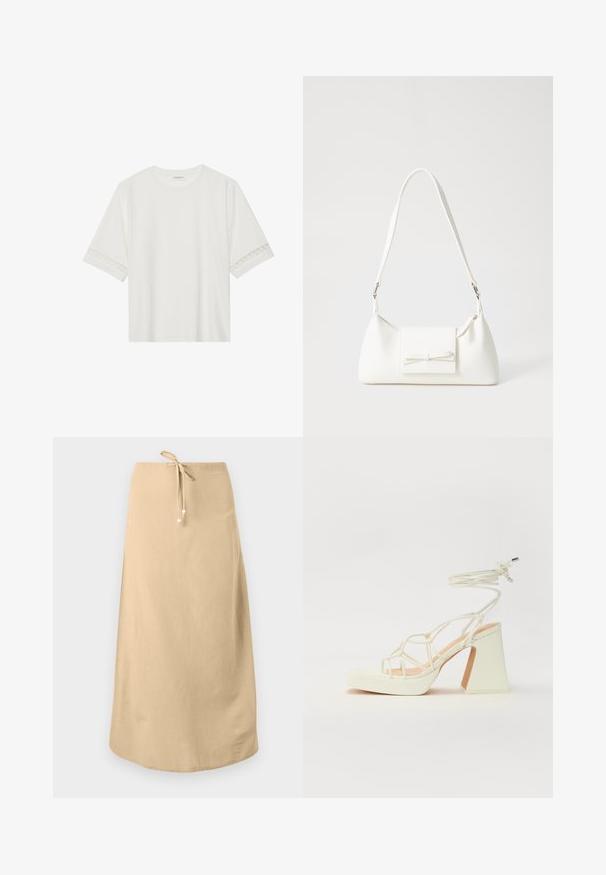 Biele tričko s krátkym rukávom vyrobené z bavlny, s dekoratívnym čipkovým lemovaním pozdĺž rukávov a okrúhlym výstrihom.; Béžová ľanová sukňa s elastickým pásom, s hladkou textúrou a zaobleným lemom. Ozdobená malými dekoratívnymi korálkami na šnúrkach.; Biele sandále na vysokom opätku s hrubým podpätkom, s pruhovaným dizajnom a viazaním na členku. Hladký povrch s platformou vpredu pre zvýšenú výšku.; Biela syntetická kabelka s trojuholníkovým tvarom, plochým predným klapkou a detailom mašle, nastaviteľným popruhom, hladkou textúrou a minimalistickým dizajnom.