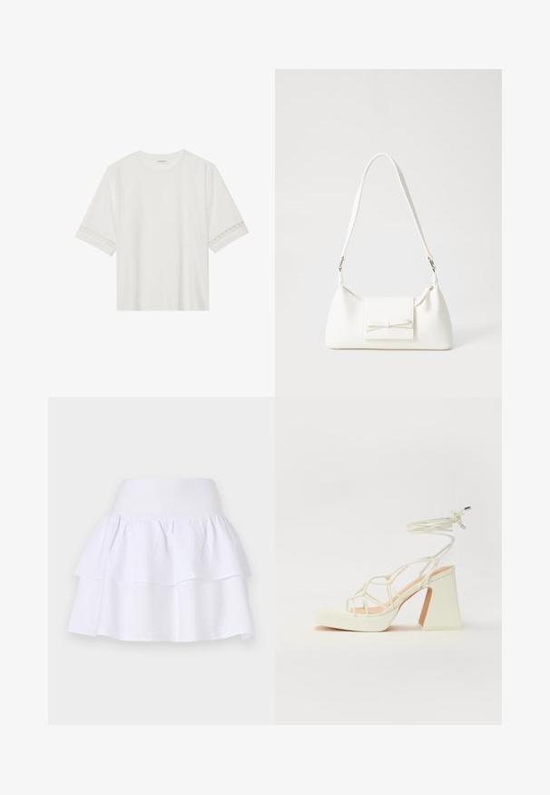 Bela kratka majica s kratkimi rokavi iz bombaža, okrašena z dekorativnim čipkastim robom ob rokavih in okroglo izrezom.; Bela večplastna krila iz lahkotnega materiala, s čudovitim dizajnom, elastičnim pasom in dvema nabranima plastema.; Bela sandala na visokih petah s debelim petam, ki ima obliko trakcev in vezanje okoli gležnja. Gladka tekstura z platformo spredaj za dodatno višino.; Bela sintetična torbica v obliki trikotnika, z ravnim sprednjim poklopcem in detajlom mašne, nastavljivim trakom, gladko teksturo in minimalističnim dizajnom.