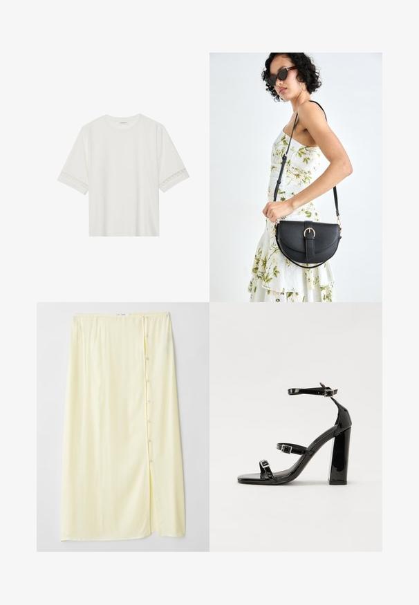 Bjela majica kratkih rukava od pamuka, s dekorativnom čipkastom obrubom duž rukava i okruglim izrezom.; Duga, svijetložuta suknja napravljena od mekanog materijala s bočnim prorezom i kopčanjem na gumbe, koja ima glatku teksturu i opušten kroj.; Crne lakirane sandale na pete sa kvadratnim nosom, trakama oko gležnja i srebrnim kopčama. Imaju čvrst blok petu za stabilnost.; Crna kožna torba s lukovitim oblikom, odvojivim remenom i zlatnim detaljima. Torba ima preklop s kopčom.