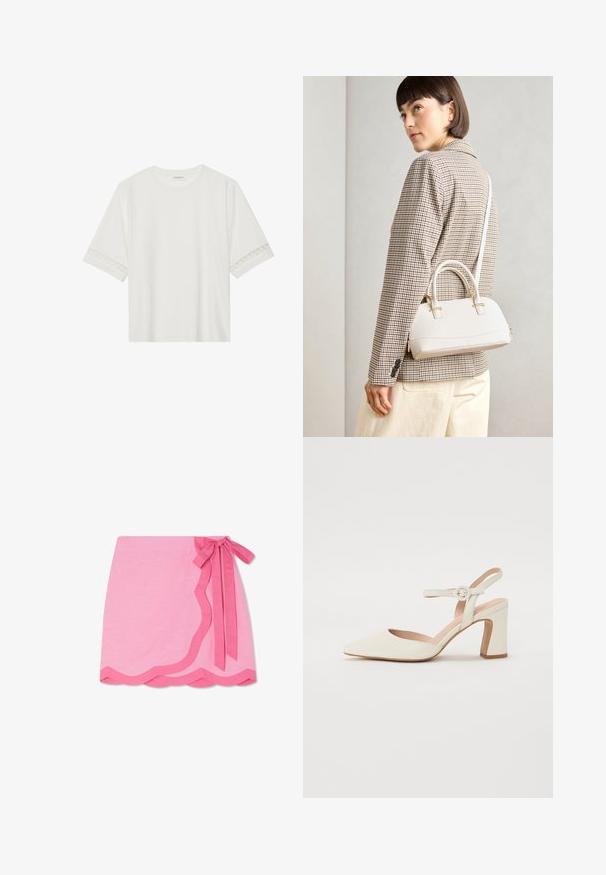 Bela kratka majica s kratkimi rokavi iz bombaža, okrašena z dekorativnim čipkastim robom ob rokavih in okroglo izrezom.; Roza lanena obleka z valovitim robom, ki ima kontrastno temnejšo roza kravato v pasu in gladko teksturo.; Čevlji s koničastim nosom v kremni barvi z blokastim peto. Imajo tanki trak okoli gležnja z okroglo sponko in gladko usnjeno teksturo.; Bela strukturirana torba z kratkimi ročaji in naramnim trakom, z zlatimi okrasnimi elementi in teksturiranim materialom, prikazana na sivi podlagi.