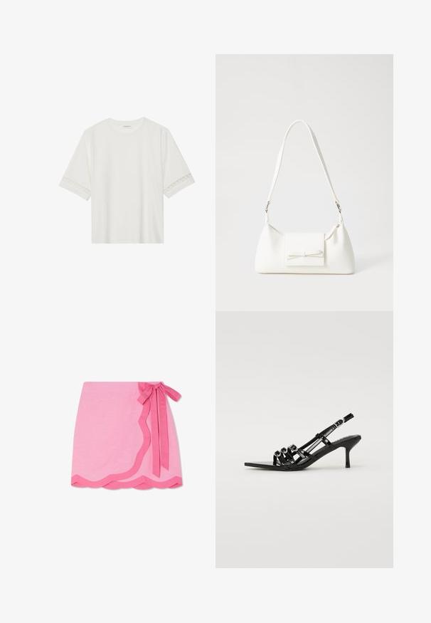 Balta īsām piedurknēm T-kreklu, izgatavotu no kokvilnas, ar dekoratīvu mežģīņu apdari ap piedurknēm un apaļu kakla izgriezumu.; Rozā linu apvilkts svārks ar viļņotu apakšmalu, ar kontrastējošu tumšāku rozā jostu viduklī un gludu tekstūru.; Melna šņorējamā augstpapēžu kurpe ar smailu purngalu, kurai priekšpusē ir vairāki šauri siksnas un apļveida akcenti.; Balta sintētiska soma ar trīsstūrveida formu, plakanu priekšējo vāciņu un loku detaļu, regulējamu siksnu, gludu tekstūru un minimālistisku dizainu.