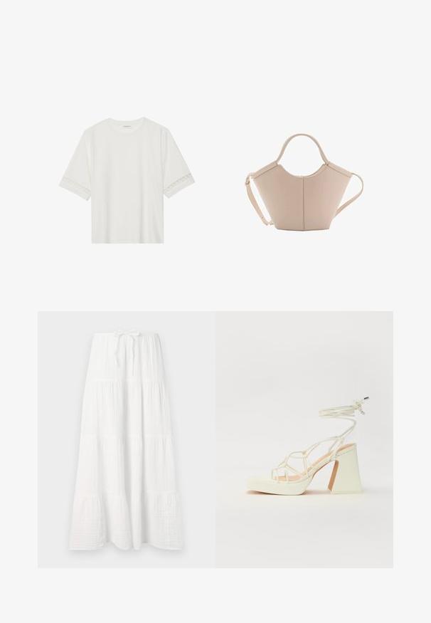Witte korte mouwen t-shirt van katoen, met een decoratieve kantafwerking langs de mouwen en een ronde halslijn.; Witte lange rok van een gestructureerde stof, met horizontale lagen en een verstelbare tailleband voor de juiste pasvorm. Soepele, vloeiende uitstraling.; Witte hoge hakken sandaal met een chunky hak, met een bandjesontwerp en enkelband. Gladde textuur met een plateau voor extra hoogte.; Beige leren handtas met een unieke vorm, voorzien van twee korte handvatten en een lange verstelbare schouderriem. Glad oppervlak met minimale hardware.