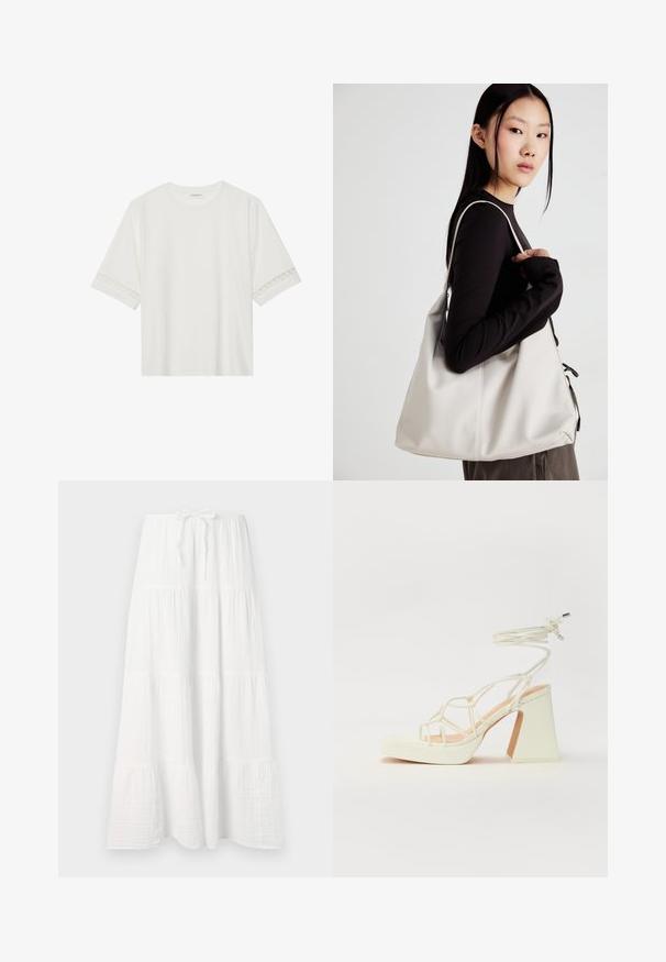 White short-sleeve t-shirt made from cotton, featuring decorative lace trim along the sleeves and a round neckline.; White long skirt made of textured fabric, featuring horizontal tiers and an adjustable waist tie for fit. Smooth, flowing design.; White high-heeled sandal with a chunky heel, featuring a strappy design and ankle tie. Smooth texture with a platform front for added height.; Beige handbag made of soft material, featuring a slouchy design, stitched detailing, and two shoulder straps. Suitable for everyday use.