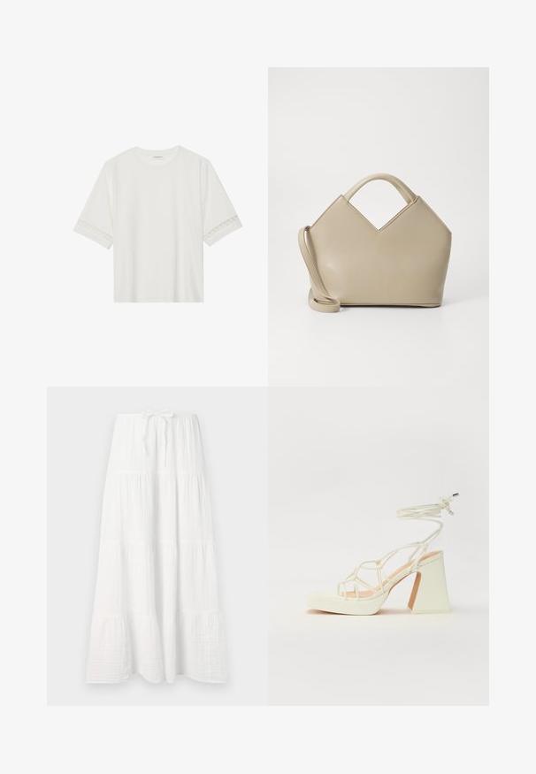 Hvid kortærmet t-shirt lavet af bomuld, med dekorativ blondekant langs ærmerne og en rund halsudskæring.; Hvid lang nederdel lavet af struktureret stof, med horisontale lag og en justerbar taljebånd for pasform. Glat, flydende design.; Hvide højhælede sandaler med en kraftig hæl, der har et stropdesign og ankelbinding. Glat tekstur med en platform foran for ekstra højde.; Beige struktureret håndtaske med en V-formet top, glat lædermateriale, korte håndtag og et langt justerbart rem. Minimalistisk design.