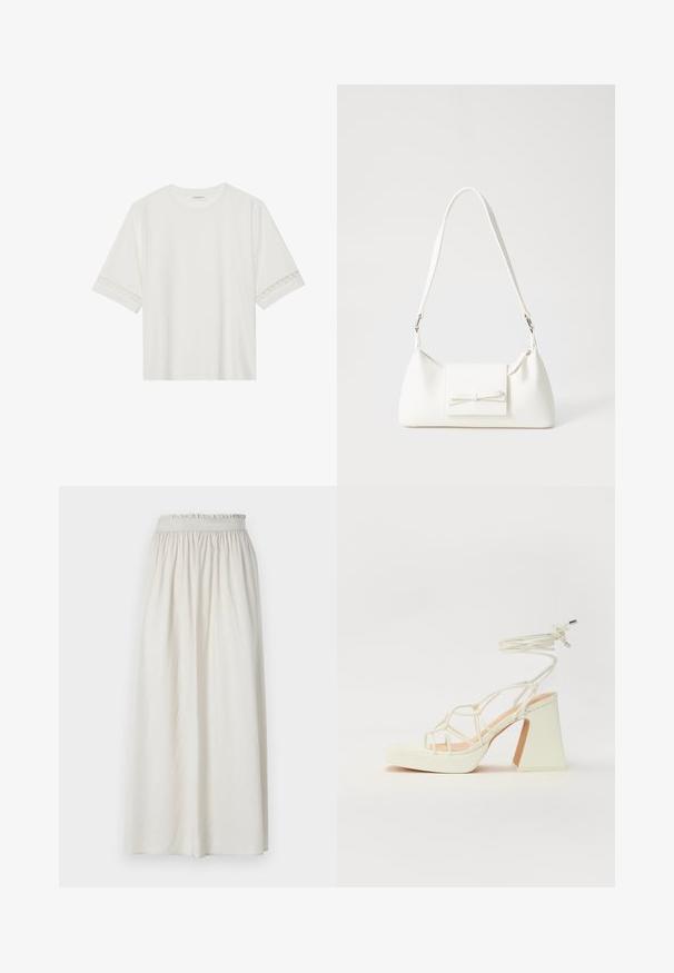 Weißes T-Shirt mit kurzen Ärmeln aus Baumwolle, mit dekorativem Spitzenbesatz entlang der Ärmel und einem runden Ausschnitt.; Hellbeige, knielanger Rock aus weichem Stoff mit elastischem Bund und gefälteter Optik für eine lockere Passform.; Weiße High-Heel-Sandale mit einem klobigen Absatz, die über ein Riemchendesign und ein Knöchelband verfügt. Glatte Textur mit einer Plattform vorne für zusätzliche Höhe.; Weiße synthetische Handtasche in dreieckiger Form, flache Vorderklappe und Schleifendetail, verstellbarer Trageriemen, glatte Textur und minimalistisches Design.
