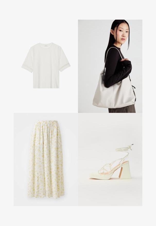 Hvid kortærmet t-shirt lavet af bomuld, med dekorativ blondekant langs ærmerne og en rund halsudskæring.; Hvid midikjole med blomstertryk i gult, elastisk talje og plisseret tekstur, fremstillet af let, fløjlsblødt stof.; Hvide højhælede sandaler med en kraftig hæl, der har et stropdesign og ankelbinding. Glat tekstur med en platform foran for ekstra højde.; Beige håndtaske lavet af blødt materiale med et slouchy design, stikninger og to skulderremme. Velegnet til daglig brug.