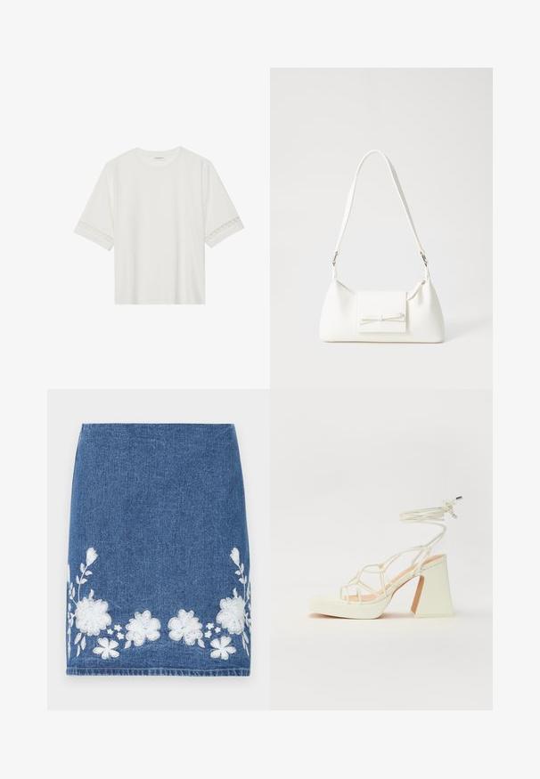 Fehér, rövid ujjas póló, pamutból készült, díszes csipkés szegéllyel az ujjak mentén és kerek nyakkivágással.; Sötétkék farmerruha, fehér virágmintás hímzéssel az alján. Egyenes vonalú, tiszta befejezéssel. Nincs látható fémrész vagy díszítés.; Fehér, magassarkú szandál vastag sarokkal, pántos dizájnnal és bokapánttal. Sima textúra, elülső platformmal a megnövelt magasság érdekében.; Fehér szintetikus kézitáska, háromszög alakú, lapos előlap, masni részlettel, állítható pánttal, sima textúrával és minimalista dizájnnal.
