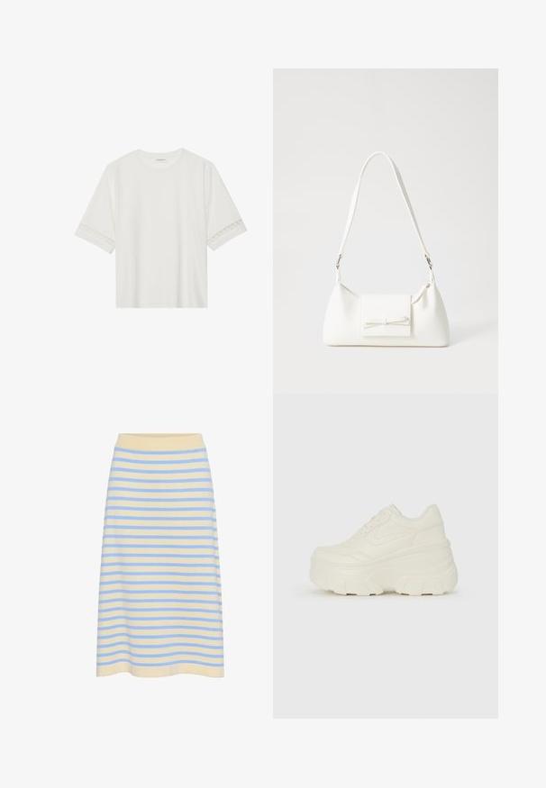 Weißes T-Shirt mit kurzen Ärmeln aus Baumwolle, mit dekorativem Spitzenbesatz entlang der Ärmel und einem runden Ausschnitt.; Gestreifter Midikleid Röcke aus weicher Baumwolle mit einem hellgelben Grundton und blauen horizontalen Streifen. Mit einem gerippten elastischen Bund.; Weiße Platform Sneakers mit einem glatten, lederähnlichen Obermaterial, abgerundeter Form, gepolstertem Kragen und strukturierten Gummisohlen mit ausgeprägten Stollen.; Weiße synthetische Handtasche in dreieckiger Form, flache Vorderklappe und Schleifendetail, verstellbarer Trageriemen, glatte Textur und minimalistisches Design.