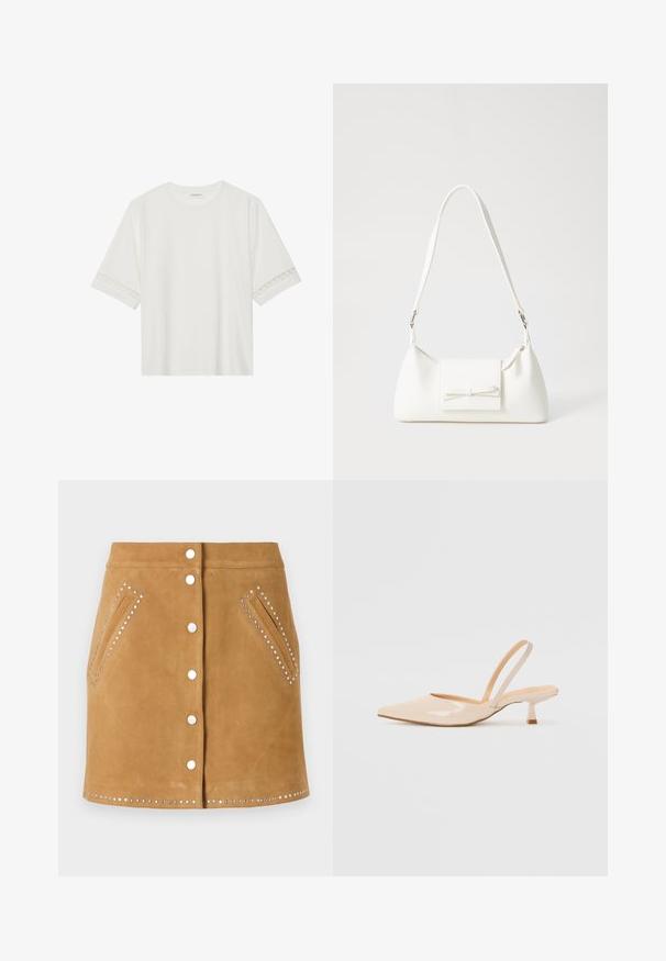 Tricou alb cu mânecă scurtă, confecționat din bumbac, cu dantelă decorativă pe marginea mânecilor și un guler rotund.; Fustă din suede maro cu închidere cu butoane în față, două buzunare laterale și ținte argintii pe buzunare și la margine. Textură netedă.; Pantofi cu toc slingback din piele patent bej, cu vârf ascuțit și toc subțire, pătrat. Textură netedă și design minimalist, fără detalii decorative.; Geantă sintetică albă, cu formă triangulară, capac frontal plat și detaliu cu fundă, curea ajustabilă, textură netedă și design minimalist.