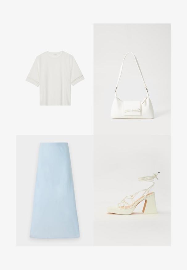 T-shirt branco de manga curta feito de algodão, com bainha de renda decorativa nas mangas e decote redondo.; Saia A-line de cor azul clara, feita de um tecido suave, com um design limpo e sem padrões ou detalhes visíveis, atingindo um comprimento intermédio.; Sandálias brancas de salto alto com um salto robusto, apresentando um design com tiras e amarração no tornozelo. Textura suave com uma plataforma na frente para altura adicional.; Mala sintética branca com formato triangular, aba frontal plana e detalhe de laço, alça ajustável, textura suave e design minimalista.