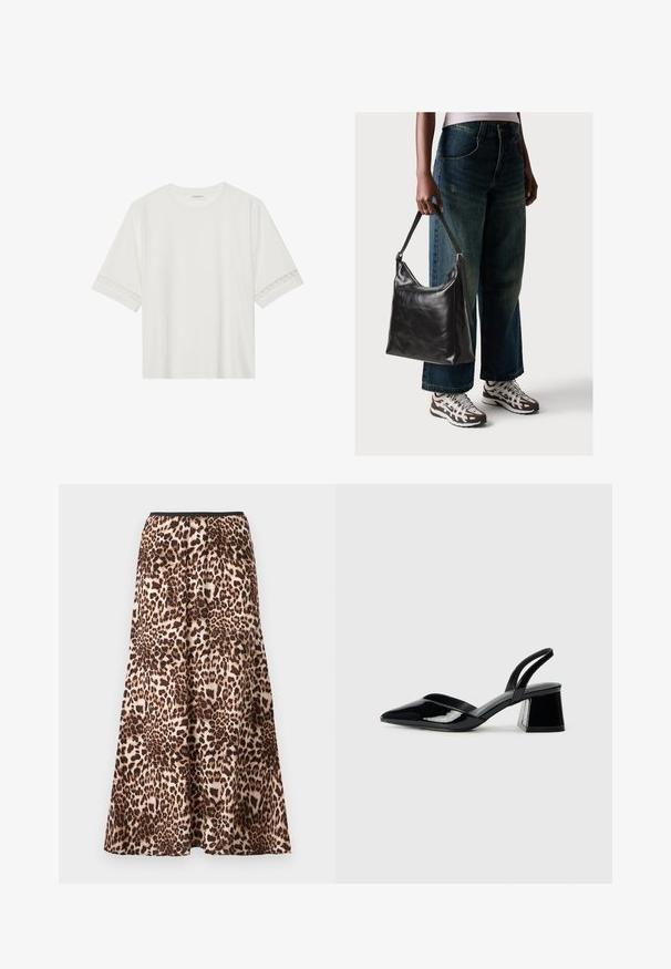 Balta īsām piedurknēm T-kreklu, izgatavotu no kokvilnas, ar dekoratīvu mežģīņu apdari ap piedurknēm un apaļu kakla izgriezumu.; Lauka leoparda raksts maksikleita, ar melnu jostasvietu, plūstoša silueta un mīkstu audumu ar dažādiem brūnas un bēšas krāsas toņiem.; Melna lakota āda ar atvērto papēdi, ar smailu purngalu un ģeometrisku blokpapēdi. Iezīmējas elegants, minimāls dizains un gluda tekstūra.; Melna ādas pleca soma ar gludu tekstūru un regulējamu siksnu, saskaņota ar izbalējušām platām biksēm un sportiskām kedām.