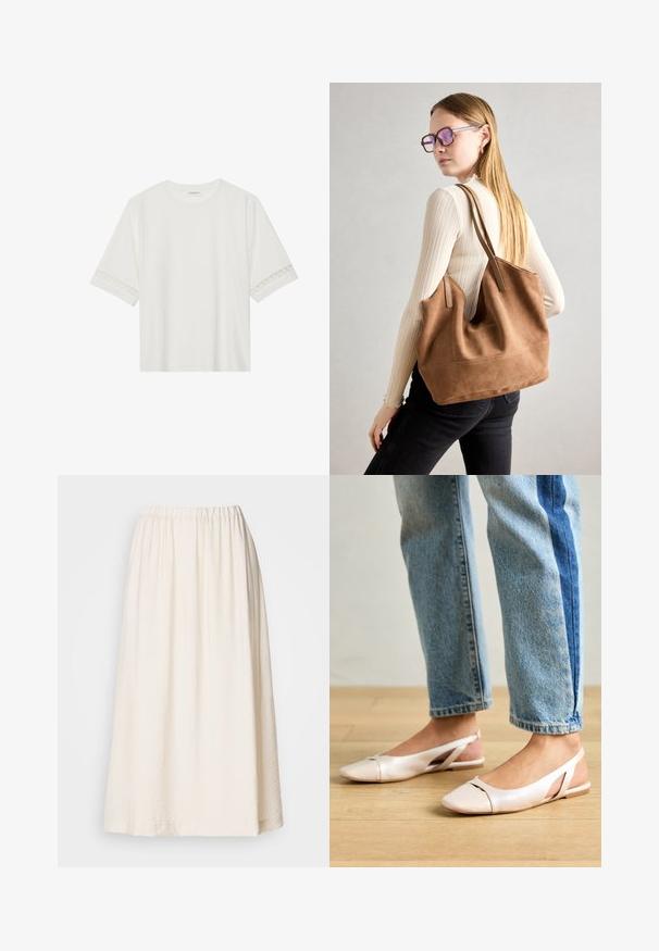 T-shirt branco de manga curta feito de algodão, com bainha de renda decorativa nas mangas e decote redondo.; Saia longa, de cor creme, com um cós elástico. Feita de um tecido texturizado, tem uma silhueta ampla e escoa suavemente.; Sapatilhas slingback de cor rosa pálido com bico fino, feitas de um material semelhante a couro liso. Apresentam detalhes recortados nas laterais e um salto plano.; Bolsa tote em camurça castanha com textura suave, grande abertura e alças longas. Apresenta um design simples com costuras visíveis e sem acessórios.