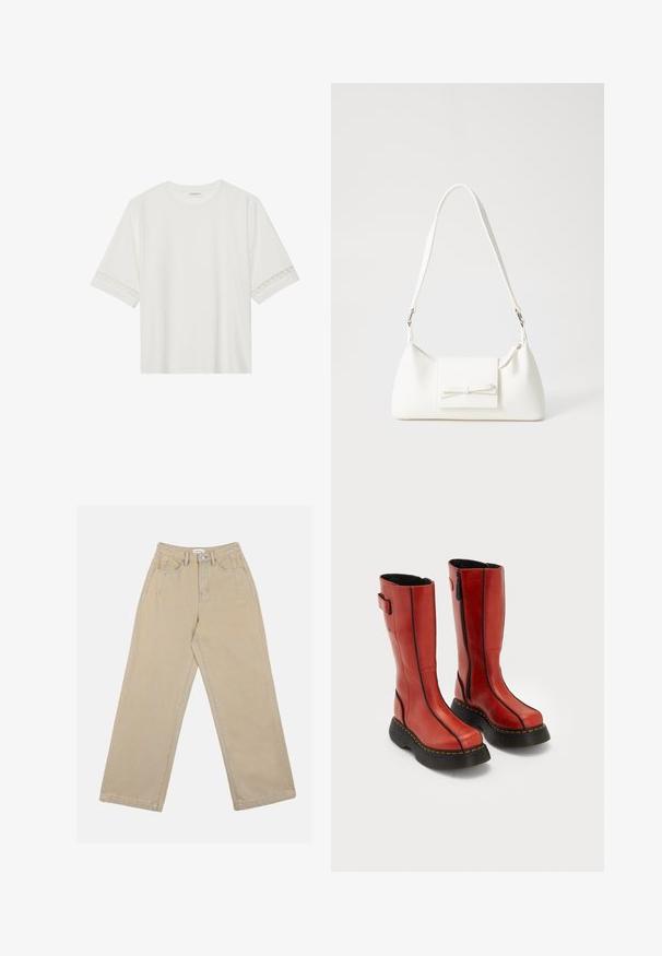 Tricou alb cu mânecă scurtă, confecționat din bumbac, cu dantelă decorativă pe marginea mânecilor și un guler rotund.; Pantaloni largi bej din denim, având talie înaltă, buzunare frontale și cusături contrastante. Designul include un închizător cu nasture.; Cizme înalte din piele roșie, cu tălpi groase negre, fermoare pe lateral și detalii de cusut negre, stând una lângă alta pe un fundal alb.; Geantă sintetică albă, cu formă triangulară, capac frontal plat și detaliu cu fundă, curea ajustabilă, textură netedă și design minimalist.
