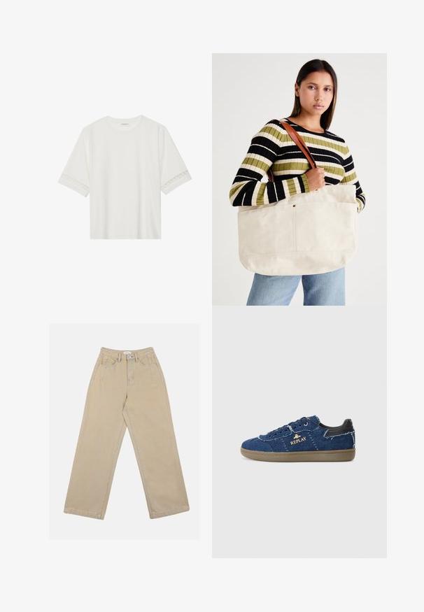 White short-sleeve t-shirt made from cotton, featuring decorative lace trim along the sleeves and a round neckline.; Beige wide-leg pants made of denim, featuring a high waist, front pockets, and contrasting stitching. The design includes a button closure.; Replay PYPER - Trainers - blue; Large beige canvas tote bag with brown leather straps, featuring a minimal design and visible stitching accents.