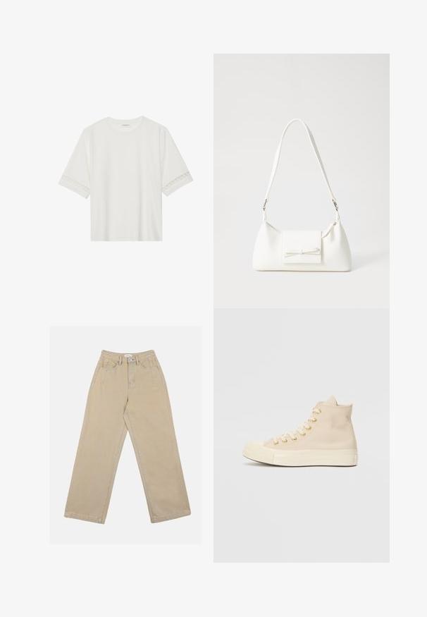 Hvit t-skjorte med kort erme laget av bomull, med dekorativ blondekant langs ermene og en rund halslinning.; Beige vide bukser laget av denim, med høy liv, frontlommer og kontraststing. Designet inkluderer knappelukking.; Beige høye sneakers laget av glatt lerret med gulløyelletter, hvit gummisåle og tåhette. Har snøring foran.; Hvit syntetisk håndveske med trekantet form, flat klaff foran og sløyfe detaljer, justerbar stropp, glatt tekstur og minimalistisk design.