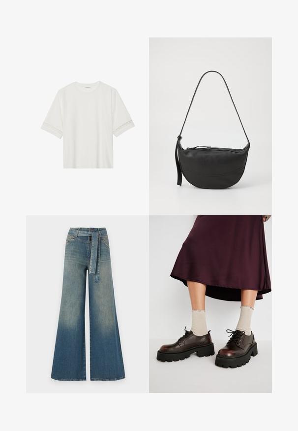 White short-sleeve t-shirt made from cotton, featuring decorative lace trim along the sleeves and a round neckline.; Wide-leg denim trousers featuring a light to dark blue gradient, high waist, belt loops, and a matching fabric belt. Textured denim finish.; Brown leather platform shoes with chunky black soles, paired with ribbed beige socks featuring scalloped edges, against a muted background.; Black leather shoulder bag with curved shape, single strap, zippered closure, and subtle stitch detailing along the body.