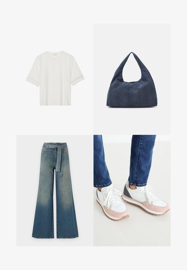 White short-sleeve t-shirt made from cotton, featuring decorative lace trim along the sleeves and a round neckline.; Wide-leg denim trousers featuring a light to dark blue gradient, high waist, belt loops, and a matching fabric belt. Textured denim finish.; White and light pink sneakers with grey accents, featuring a suede and mesh upper, rubber sole, and round laces.; Dark blue denim bag with a soft, slouchy shape, featuring a hobo-style handle and textured surface. No visible hardware accents.
