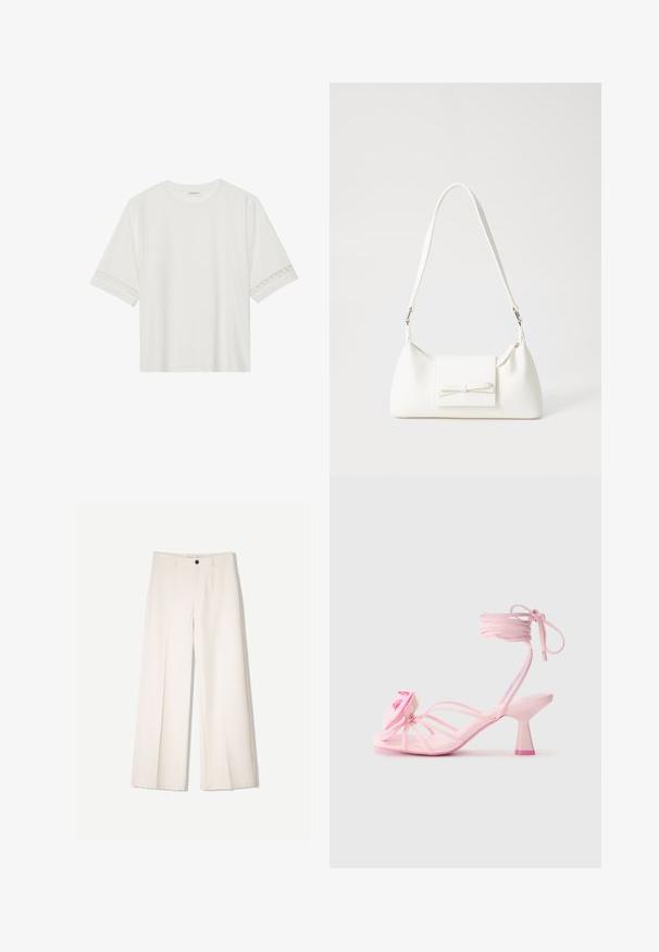 Bílé tričko s krátkým rukávem vyrobené z bavlny, s dekorativní krajkovou aplikací na rukávech a kulatým výstřihem.; Krémové široké kalhoty s tailored designem, které mají dvě přední kapsy a jedno zapínání na knoflík vpředu, vyrobené z hladkého materiálu.; Růžové sandály na podpatku s tenkými pásky a květinovým akcentem na špičce. Podpatek má robustní design s kontrastním růžovým špičkou. Hladký povrch.; Bílá syntetická kabelka v trojúhelníkovém tvaru, s plochým předním klopným víkem a detailem mašle, nastavitelným popruhem, hladkým povrchem a minimalistickým designem.