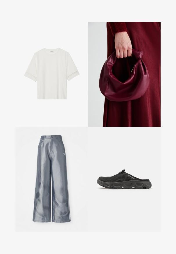 Balta trumpomis rankovėmis marškinėliai, pagaminti iš medvilnės, su dekoratyviais nėriniais aplink rankoves ir apvaliu kaklu.; Plačios kelnės iš blizgaus pilko medžiagos, su baltomis šoninėmis juostelėmis ir liepsnos raštu apatinėje dalyje. Mygtuko ir užtrauktuko uždarymas juosmens srityje.; Juodas tinklinis slip-on tipo batelis su tekstūruota gumine padu, suapvalintu pirštu ir užpakaliniu kilpelė. Yra matoma siuvimo linija ir subtilus logotipo akcentas.; Bordo odinė rankinė su minkštu, susiraukšlėjusiu dizainu ir apvalia forma. Rankena yra tvirtai pritvirtinta, atskleidžianti lygią tekstūrą.