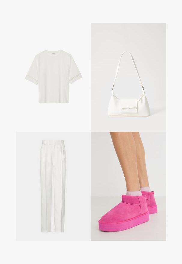 Valkoinen lyhythihainen t-paita, joka on valmistettu puuvillasta ja jossa on koristeellinen pitsireunus hihojen ympärillä sekä pyöreä pääntie.; Valkoiset raitapantalot suoralinjaisella designilla, valmistettu kevyestä kankaasta. Edessä on laskoksia ja perinteinen vyötärö.}}; Even&Odd LEATHER - Nilkkurit - pink; Valkoinen synteettinen käsilaukku, jossa on kolmikulmainen muoto, tasainen etu läppä ja nauhadetail, säädettävä olkahihna, sileä rakenne ja minimalinen muotoilu.