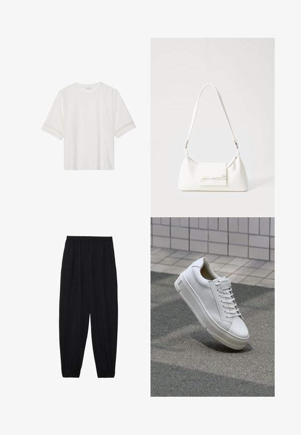 Valge lühikese varrukaga T-särk, mis on valmistatud puuvillast, kaunistatud pitsiga varrukate ääres ja ümmarguse kaelusega.; Mustad, kerge kangas püksid elastse vöökoha ja kokku volditud pahkluudega. Kanga pind on sile ja disain on lõdvestunud, kitsenev.; Valge nahast toss, millel on madala sääre disain, lamedad paelad, ümar varvas ja tekstureeritud küljed. Paks kummist tald, millel on peened aktsendid.; Valge sünteetilisest materjalist kott kolmnurkse kujuga, lame esiklapiga ja kaaredetailiga, reguleeritava rihmaga, sileda tekstuuriga ja minimalistliku disainiga.