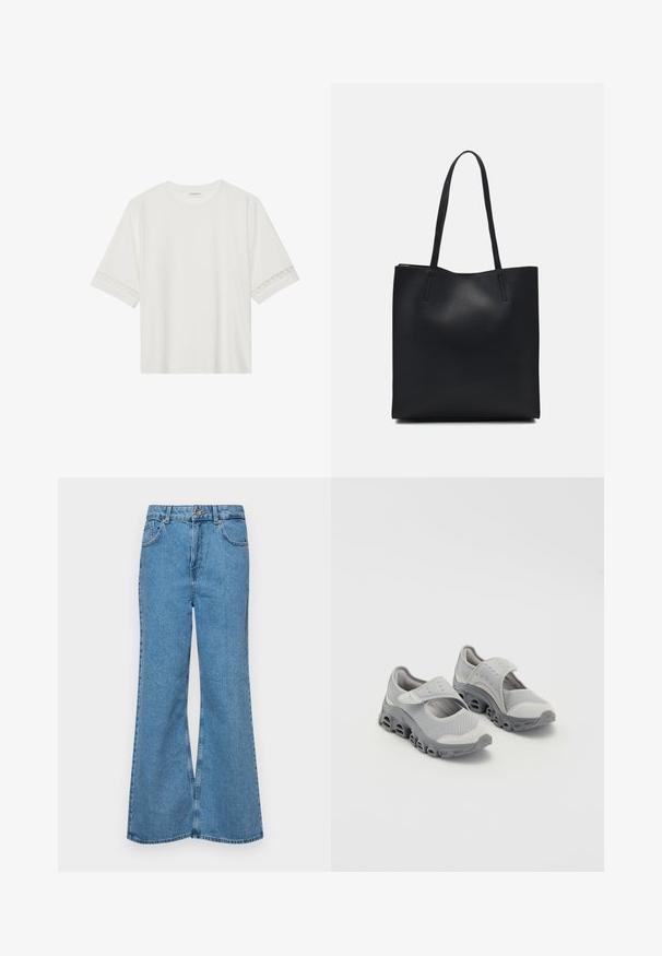 T-shirt bianco a maniche corte in cotone, con bordi in pizzo decorativi lungo le maniche e scollo rotondo.; Jeans svasati di un blu chiaro, realizzati in denim, con vita alta, cinque tasche e chiusura a un bottone. Morbido al tatto con una finitura scolorita.; Scarpe leggere grigie con tomaia in rete e suola intermedia ammortizzata. Presentano una fascia con chiusura a strappo e punta rotonda con design della suola perforato.; Borsa tote in pelle nera con texture liscia, forma rettangolare e due manici lunghi. Nessun hardware o decorazione visibile.