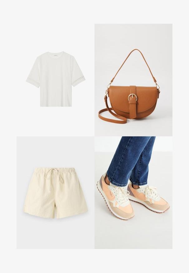 Fehér, rövid ujjas póló, pamutból készült, díszes csipkés szegéllyel az ujjak mentén és kerek nyakkivágással.; Beige elasztikus derekú rövidnadrág zsinóros megkötővel, laza fazonnal és sima textúrával. Nincsenek látható zsebek vagy minták.; Könnyű sportcipők barack és krémszínű árnyalatokban, nubuk és hálós anyagból, fűzős kialakítással és gumitalppal, amely tapadást biztosít.; Barna bőr keresztbody táska ívelt formával, aranyszínű fémrészekkel és csat díszítéssel. Levehető vállpánttal rendelkezik.