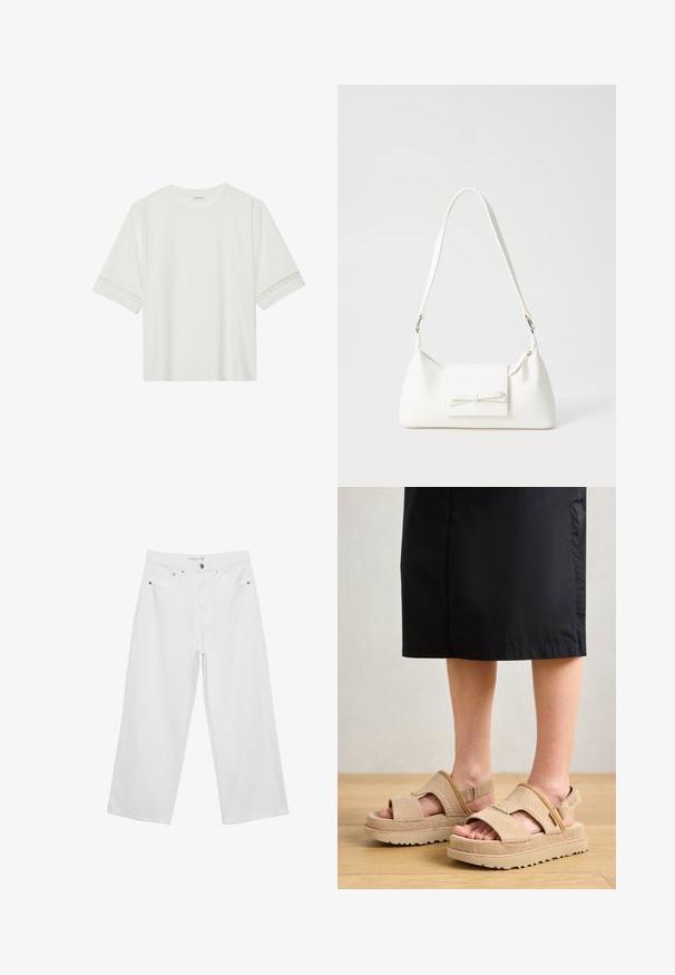 Valkoinen lyhythihainen t-paita, joka on valmistettu puuvillasta ja jossa on koristeellinen pitsireunus hihojen ympärillä sekä pyöreä pääntie.; Valkoiset leveälahkeiset farkut, joissa on korkea vyötärö. Tämä malli sisältää viisi taskua ja metallisia yksityiskohtia. Kankaan pinta on sileä, ilman näkyviä kuvioita.; Beige-nahka sandaalit avoimella varpaalla, paksulla pohjalla ja säädettävällä hihnalla. Ominaisuuksiin kuuluvat ommellut yksityiskohdat ja teksturoitu pinta.; Valkoinen synteettinen käsilaukku, jossa on kolmikulmainen muoto, tasainen etu läppä ja nauhadetail, säädettävä olkahihna, sileä rakenne ja minimalinen muotoilu.